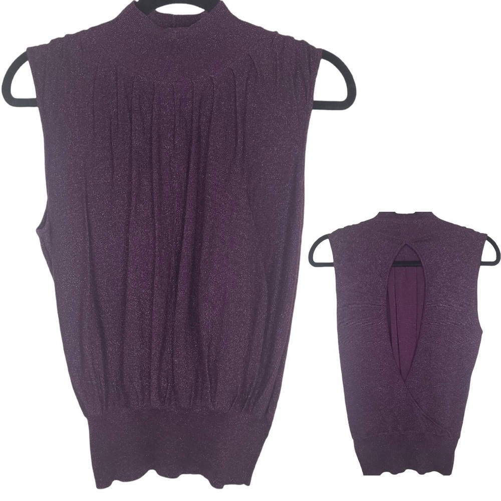 ARDEN B Sparkly Purple High Neck Sleeveless Pleated Top with Keyhole Open Back